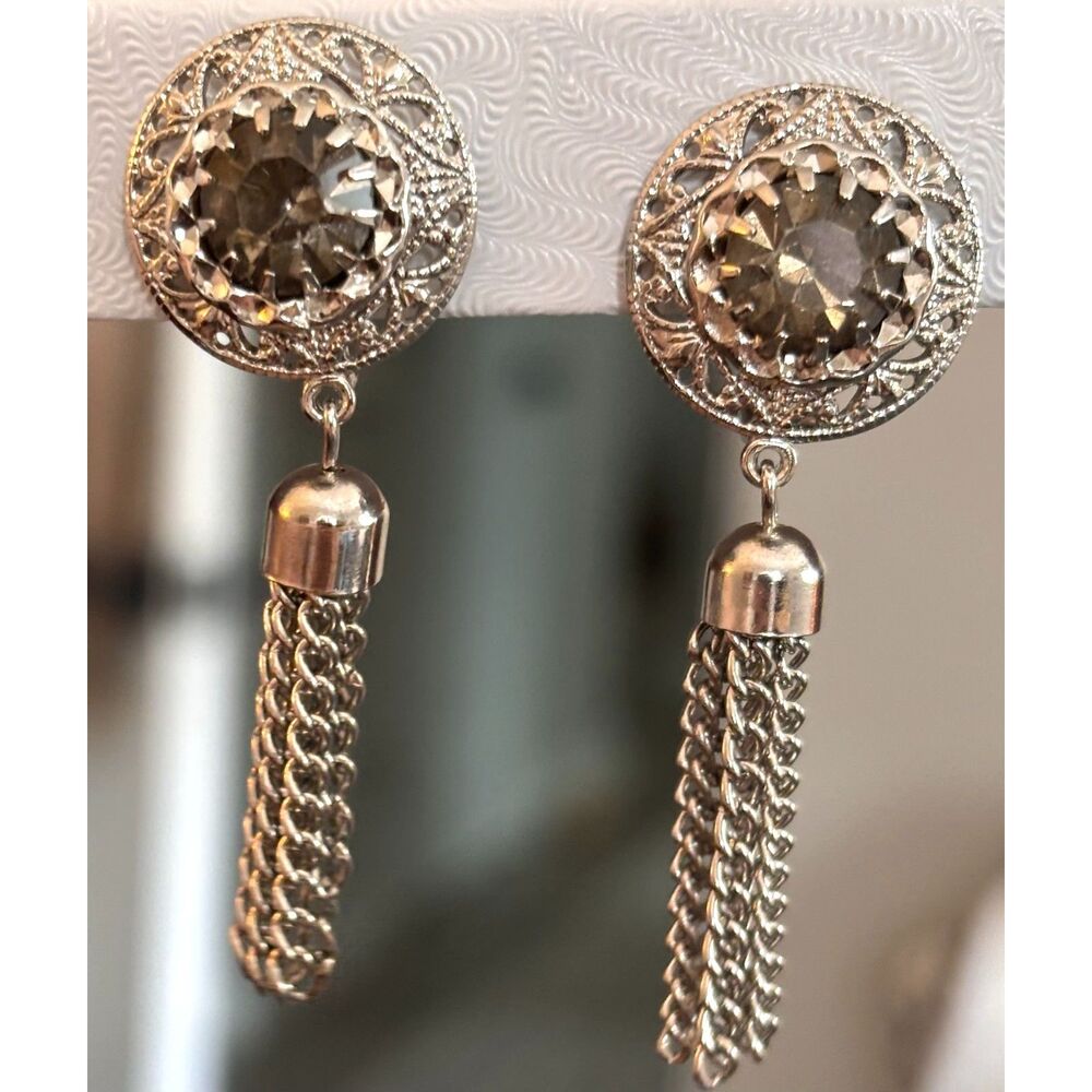 Vintage Art Deco Glass Drop Silver Tassel Flapper Clip-On Earrings
